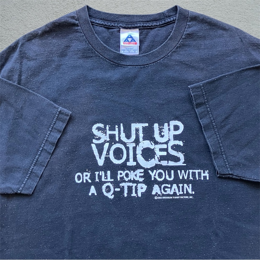 Vintage Quote Humor Tee Shirt Voices Funny Text VTG Y2K L 2002 Brooklyn Thrashed